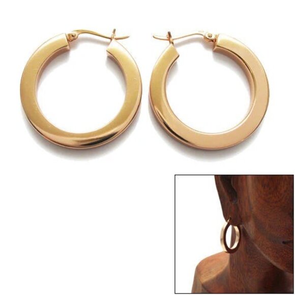 Sterling Silver Rose Gold 30mm Squared 4mm Hoop Earring  STERLING SILVER ROSE GOLD 30MM SQUARED PLAIN 4MM HOOP EARRINGS
